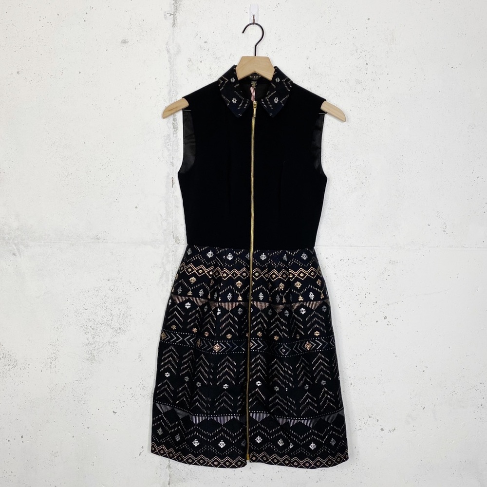 Ted Baker Black and Gold Patterned Dress